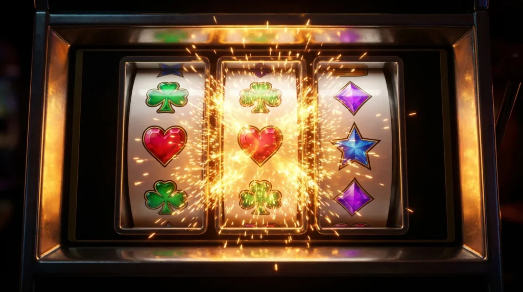 Slot machine screen showing a bright bonus feature activation with golden light effects