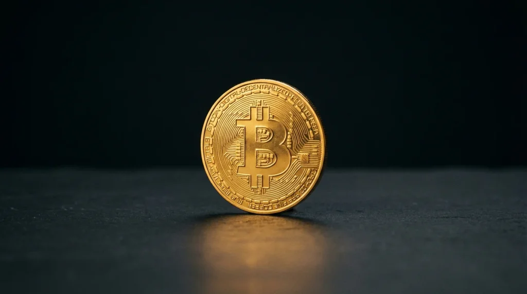 Gold Bitcoin coin on a dark surface with warm lighting representing crypto casino gambling