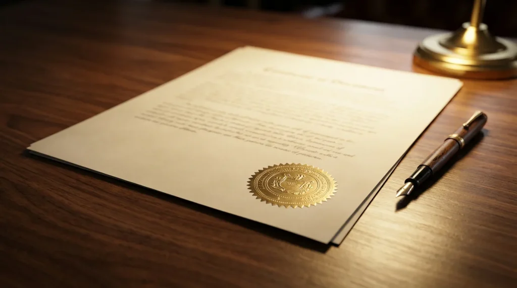 Official licence document with a gold seal on a wooden desk representing Curaçao casino licensing