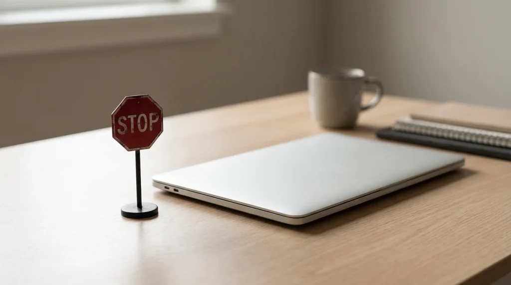 A closed laptop with a red stop sign symbol on the desk representing GamStop self-exclusion