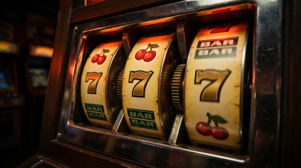 Close-up of a colourful slot machine reels showing fruit symbols with bright lighting