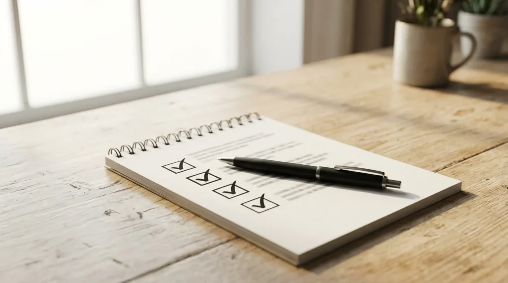 Notepad with a checklist and a pen on a desk representing a casino safety verification checklist