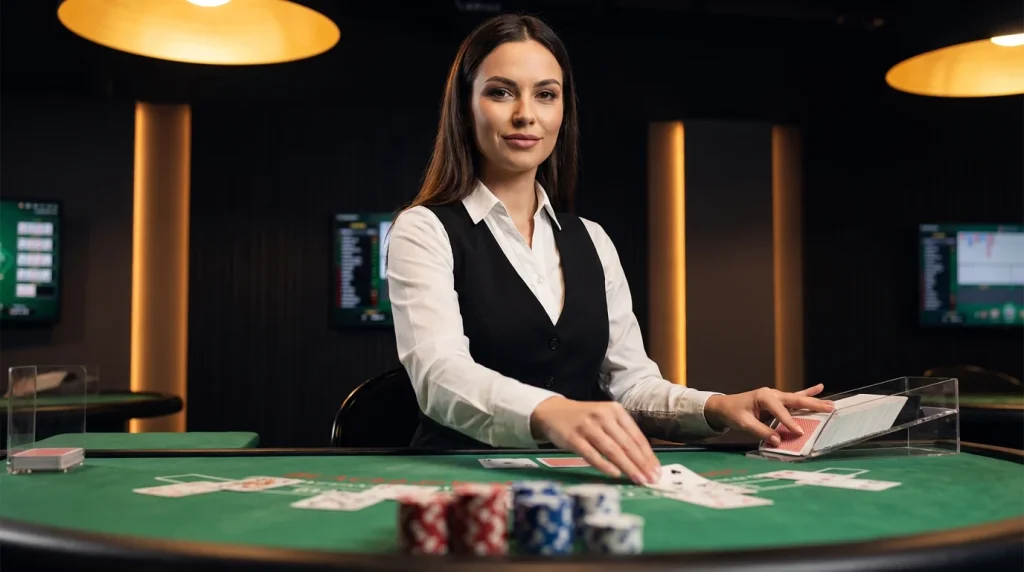Professional live casino dealer at a blackjack table with cards and chips