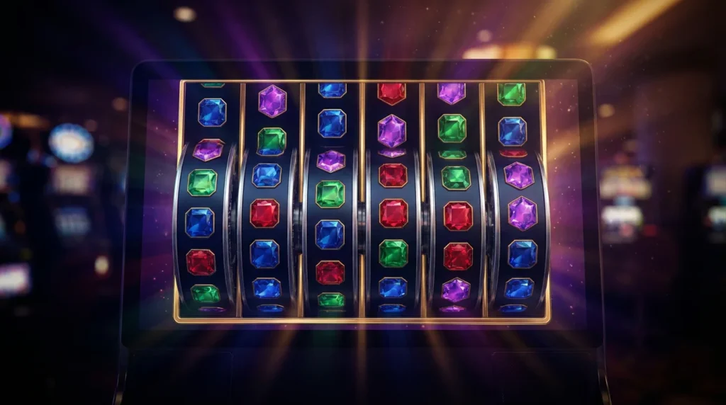 Colourful slot machine reels with many rows showing the Megaways multi-reel mechanic