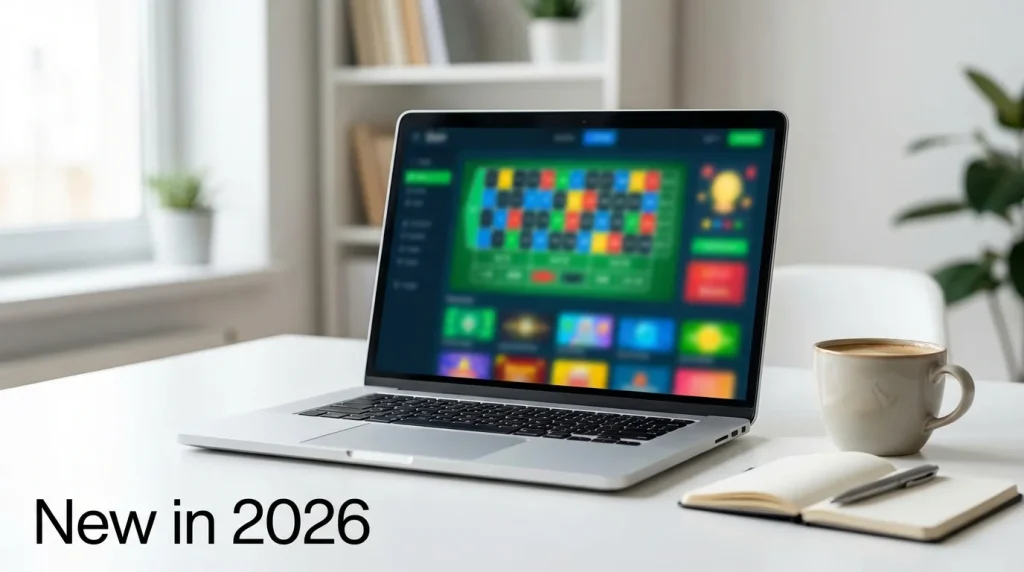 Laptop on a desk showing a freshly launched online casino website in 2026