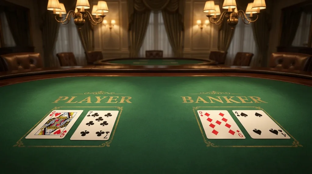 Baccarat cards dealt face-up on a green table with elegant casino lighting