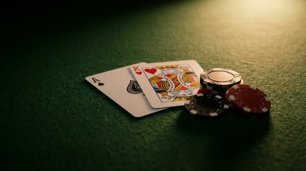 Blackjack cards showing an ace and a ten on green felt with casino chips