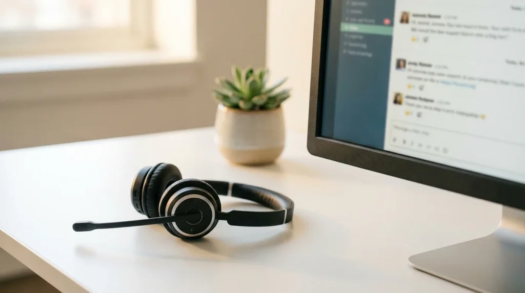 Headset on a desk next to a computer monitor representing casino customer support service