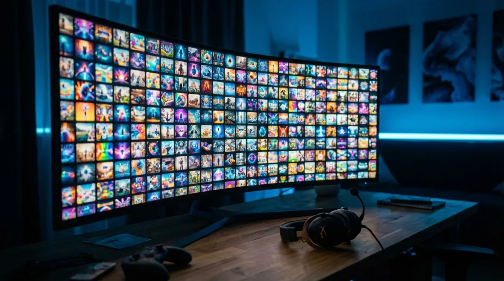 Row of colourful slot game thumbnails on a screen representing casino game providers