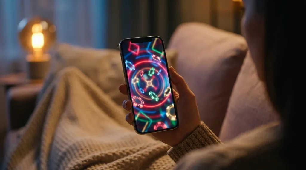Person holding a smartphone displaying a colourful casino game on the screen