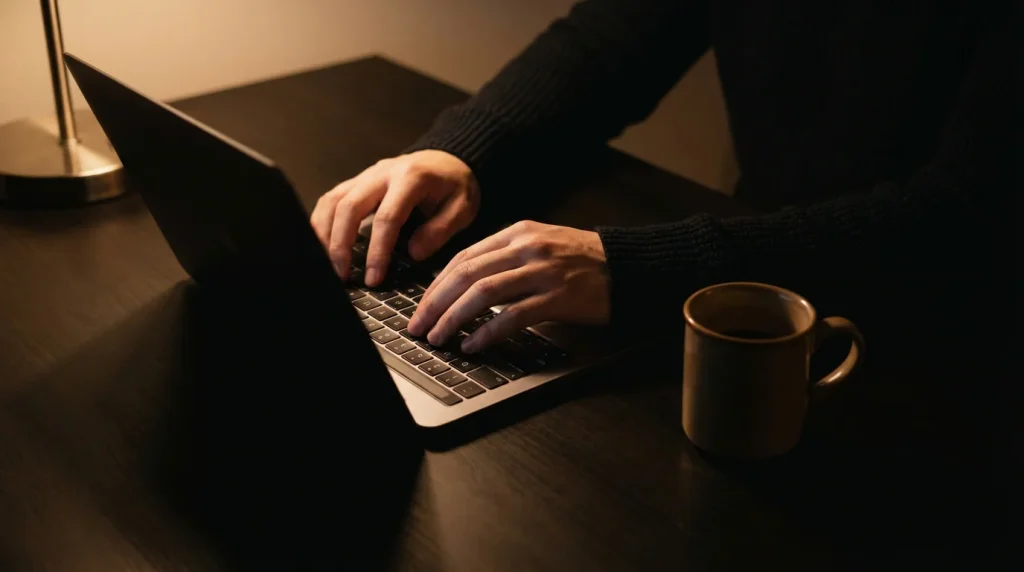 Person using a laptop anonymously with no documents on the desk