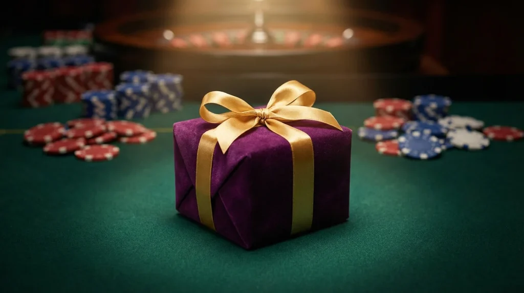 Gift box with a golden ribbon on a casino felt table representing welcome bonus packages