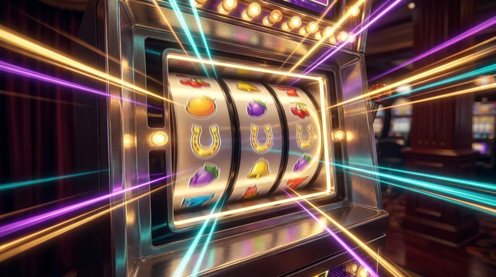 Colourful slot machine reels spinning with light streaks representing free spins bonuses