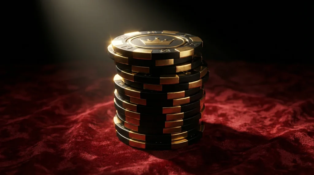 Stack of high-value black and gold casino chips on a velvet surface for VIP high rollers