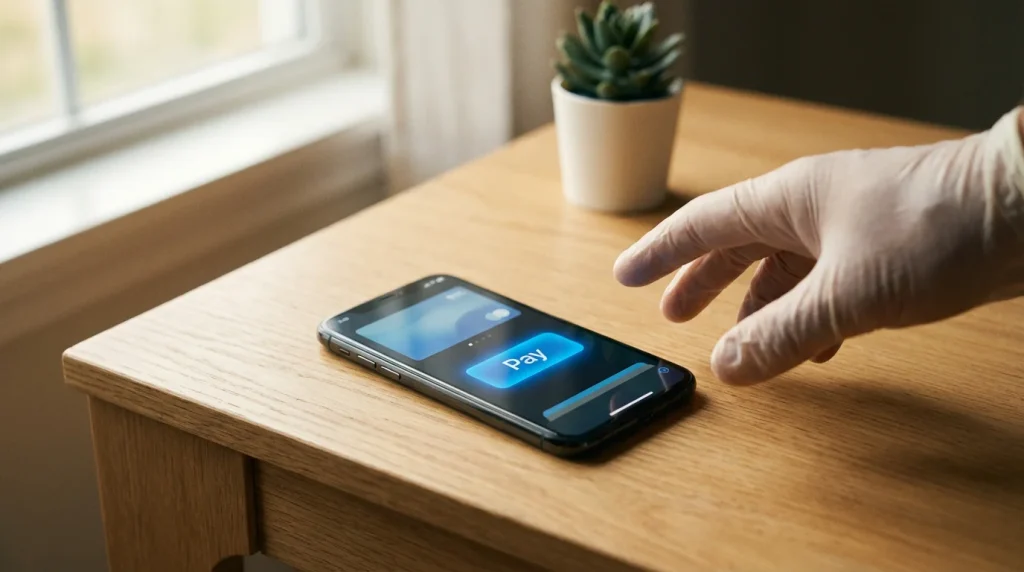 Smartphone showing a digital wallet payment screen on a wooden desk