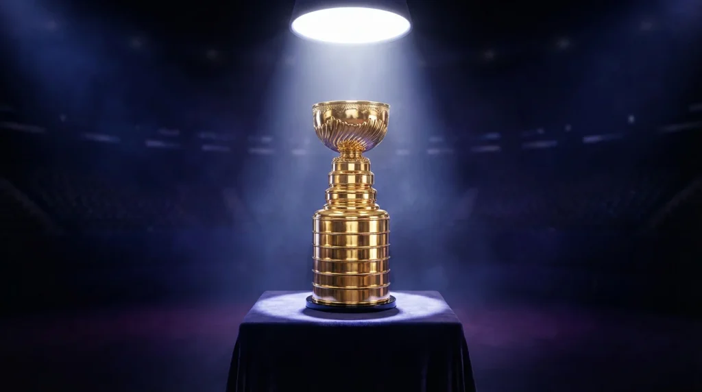 Gold trophy on a podium with dramatic spotlight representing casino tournament competitions