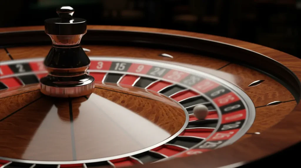 Close-up of a roulette wheel with the ball spinning under warm casino lighting