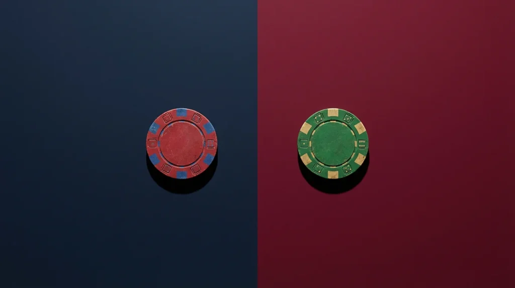 Two casino chips side by side on a split background representing non-GamStop versus UKGC comparison