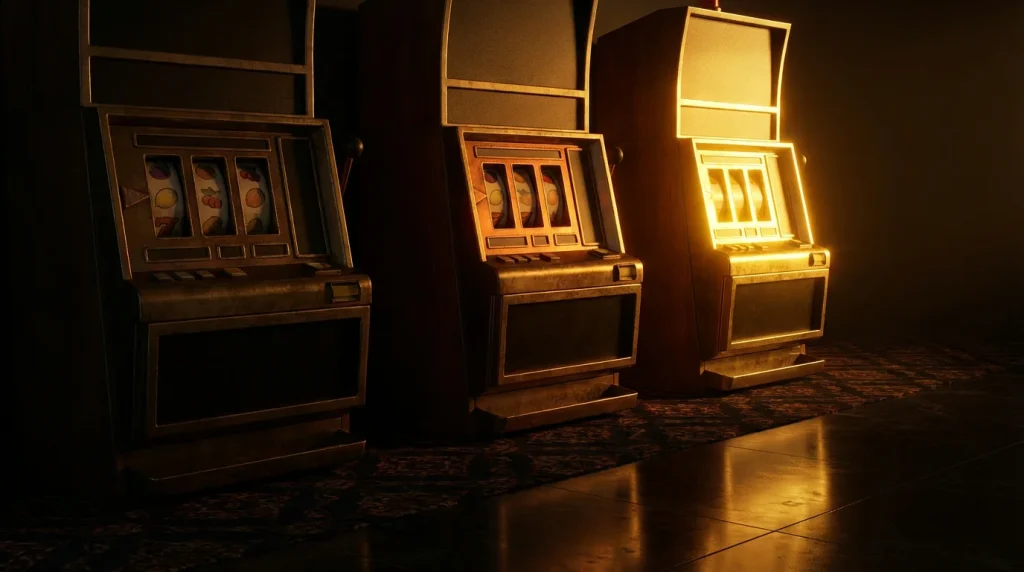 Three slot machines side by side with different brightness levels representing low medium and high volatility